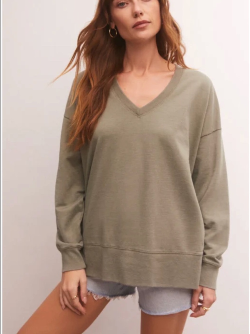 Z Supply Oversized V-Neck Relaxed Weekender Sweatshirt Evergreen Size Small